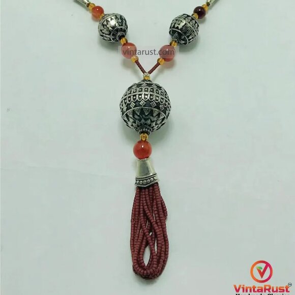 Vintage Style Tassel Necklace with Ornate Metal Beads, Statement Tribal Pendant - Picture 10 of 13